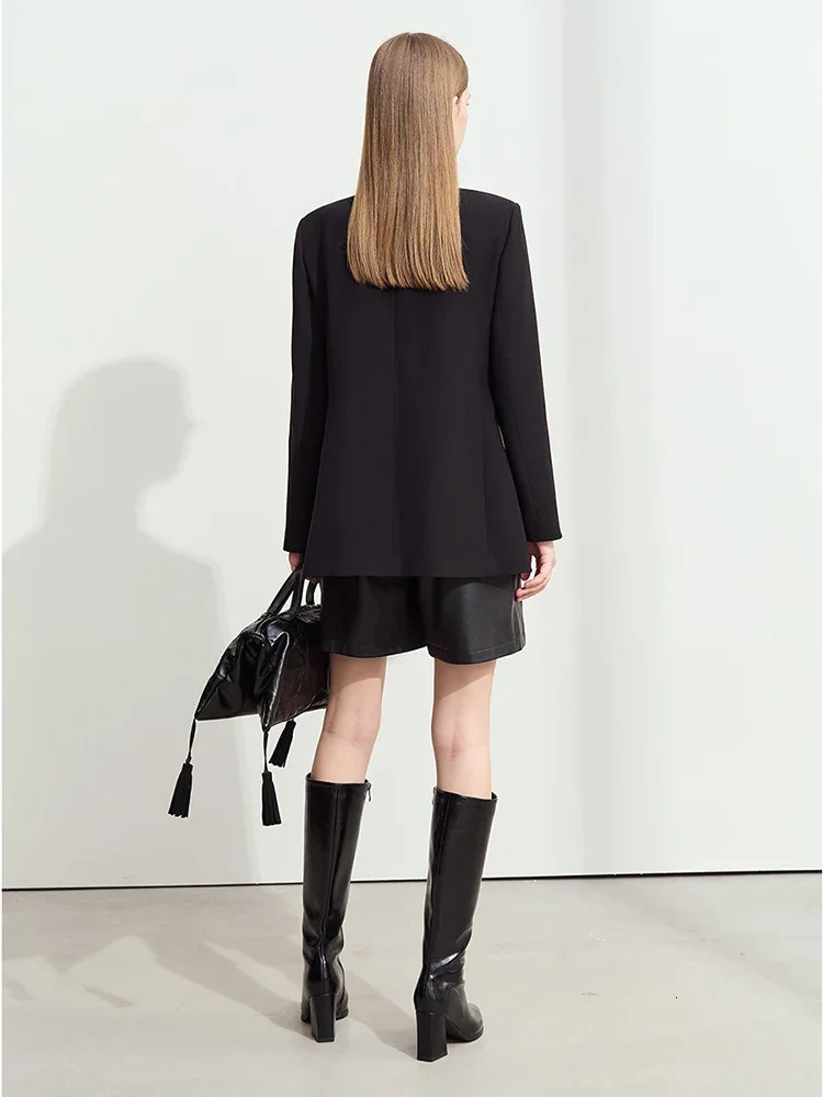 Amii Minimalism Womens Blazers Autumn Lapel Collar Shoulder Pad Fashion Slit Midlength Basic Female Jackets 12443096 250213