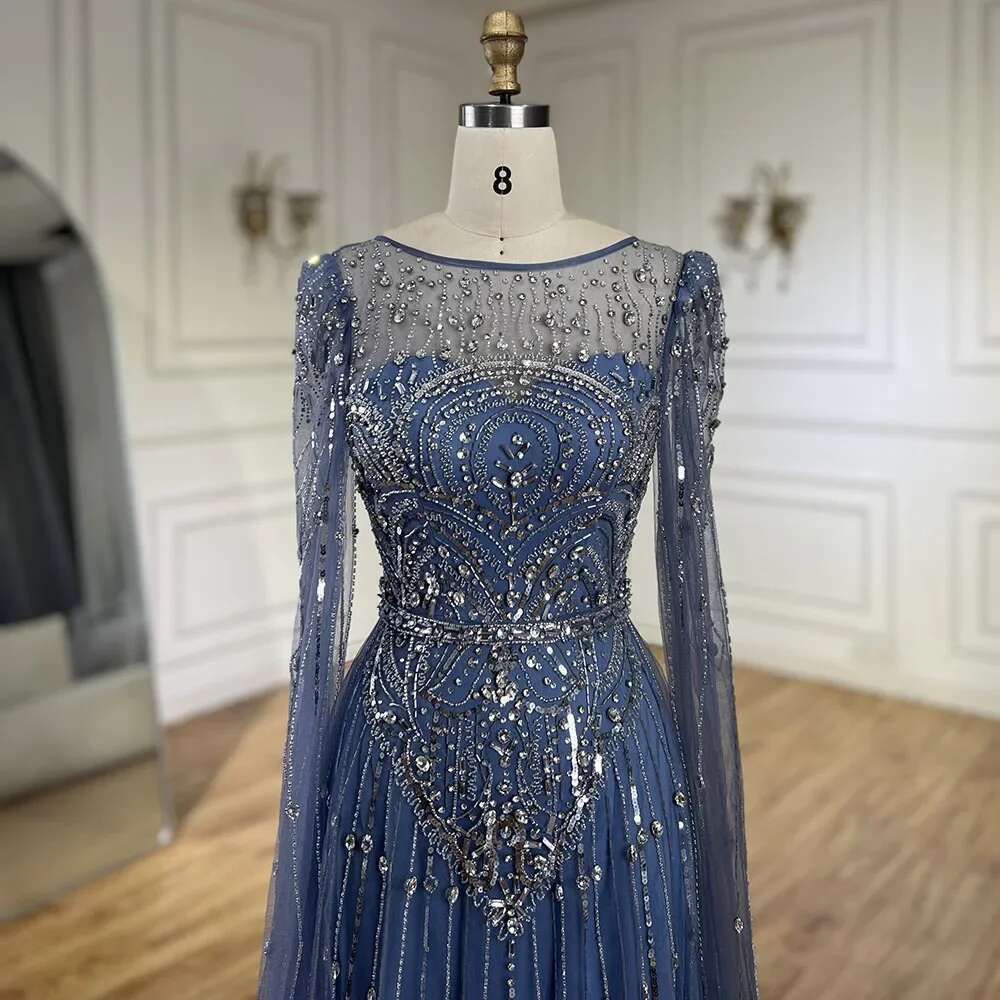 Blue Dubai Cape Sleeves A E Beaded Stone Arabic Evening Gowns Customize Wedding Party BLA rabic vening BL