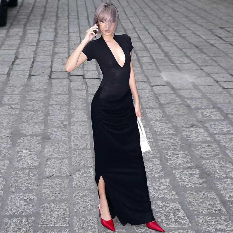 Basic Casual Dresses Lygens Dp V Short Slve Ruched Slit Side Elegant WomenS Dresses Evening Party Club Prom Ladies Dropshipping Casual Clothing H25217