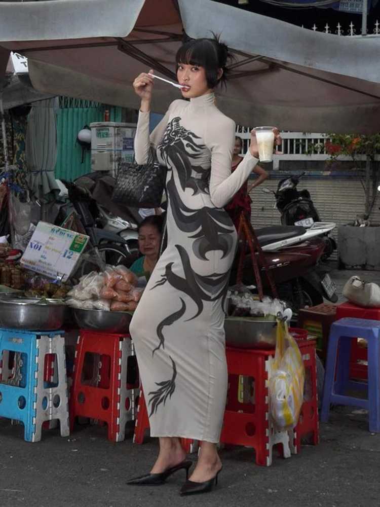 Basic Casual Dresses Ahagaga Fashion Sexy Dragon Printed Dresses For Women Strtwear Regular Casual Turtleneck Long Slve Slim Sheath Vestidos Robe H252