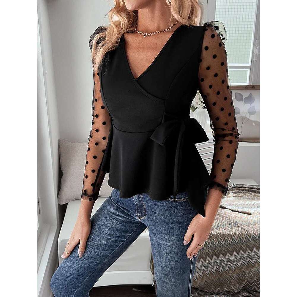 Women's Fashion Casual Soild Black Color Mesh Ing Long Sleeve V-Neck Side Bow Loose Hem Waist Knit Top Shirt