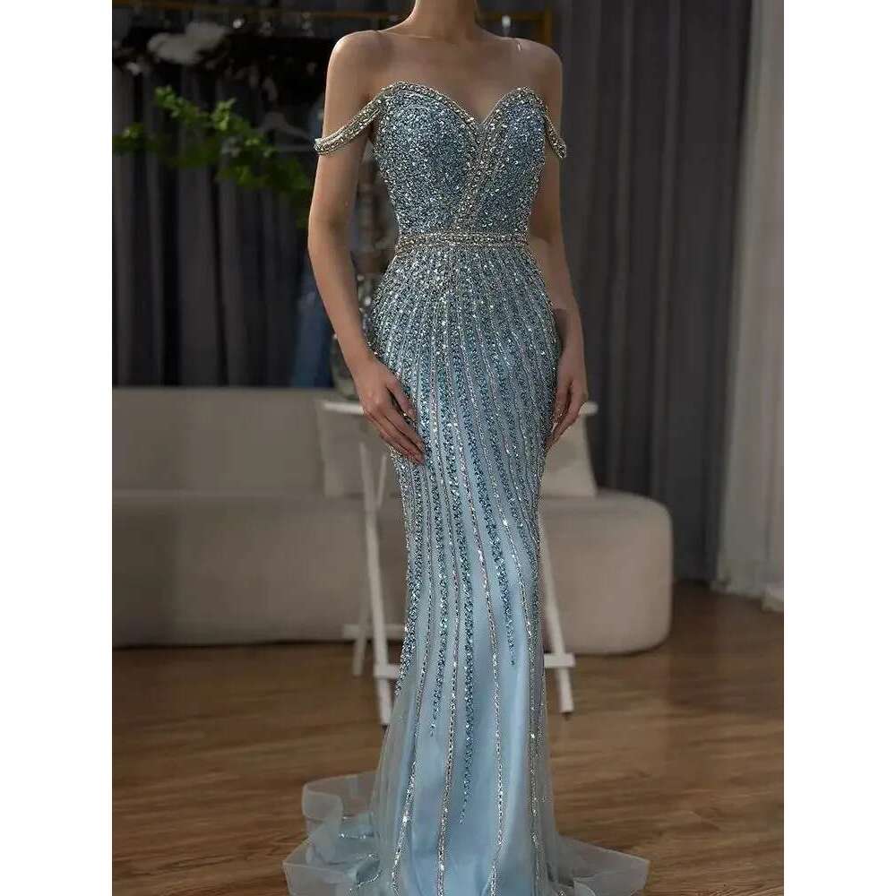Prom Blue Mermaid Gown Beaded Saudi Evening Dress For Formal Ocn Customize BLA A mal