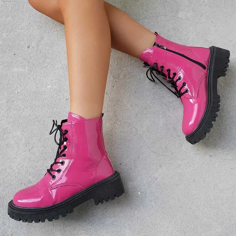 Lucyever 2023 Fi Pink Motorcycle Boots Women Pu Leather Platform Ankle Boots Woman Autumn Winter Plus Size Lace Up ShoesXJ250217