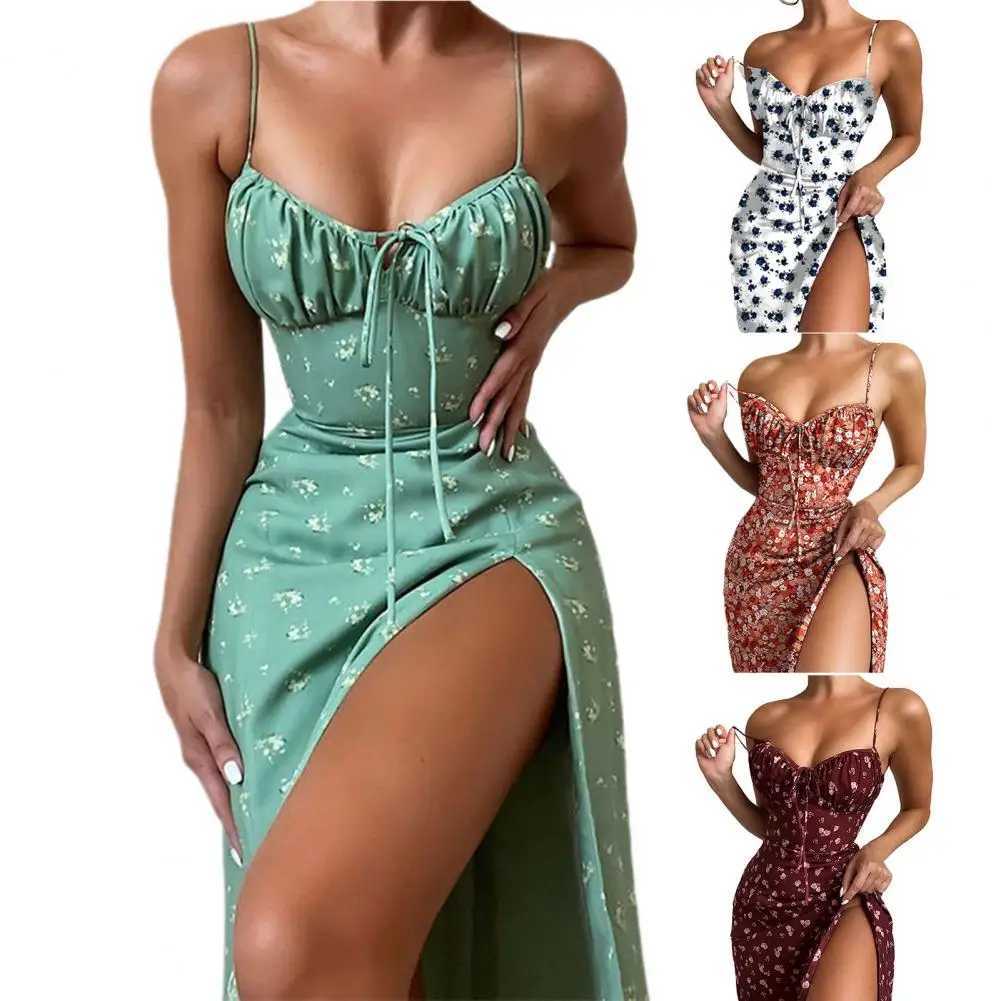 Basic Casual Dresses 1 piece of spaghetti shoulder strap womens dress with pleated hem evening floral print comfortable summer suspender midi H25217