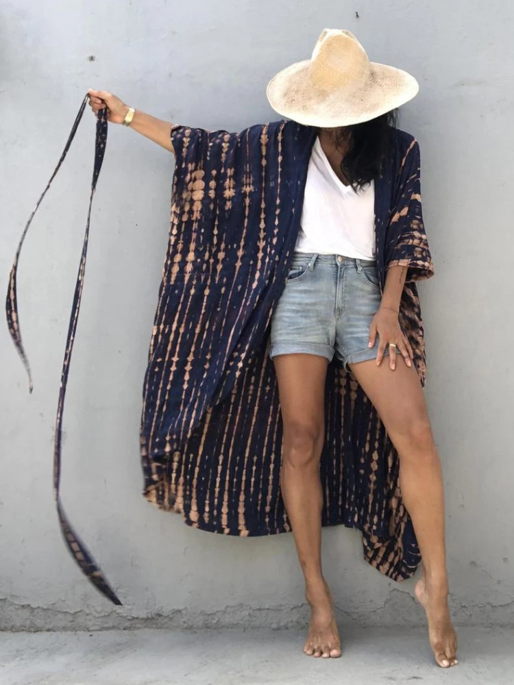 Beach Cover Ups for Swimwear Women Black Tie Dye Kimono Swimsuit Cape Summer Dress Beachwear Outfits Sales 250212