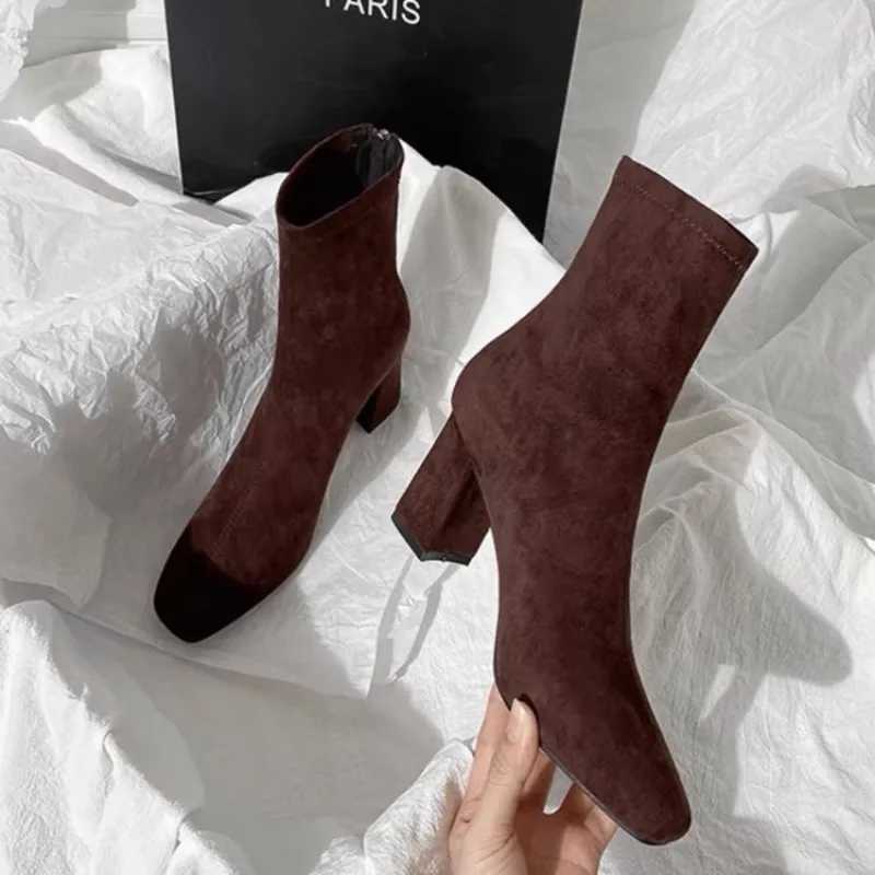 High Heels Ankle Boots for Women Suede Chunky Square Toe Shoes Woman 2024 Trend Winter New Goth Zipper Snow Chelsea Botas MujerXJ250217