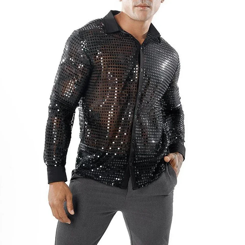 Fashion Mens Sparkly Sequins Party Dance Shirts Retro 70s Disco Nightclub Shirt Tops Single Breasted Performance Clothing 250217