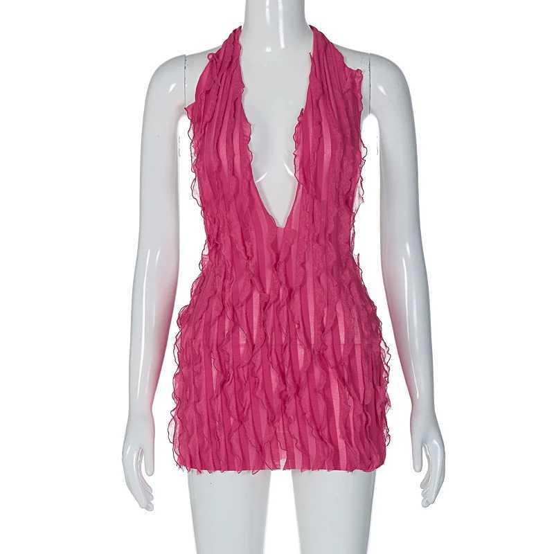 Basic Casual Dresses Lygens Mesh Halter Dp V Backless Ruffles Beachwear WomenS Dresses Y2K Party Casual Dresses Vacation Clothes Women Wholesale H2521