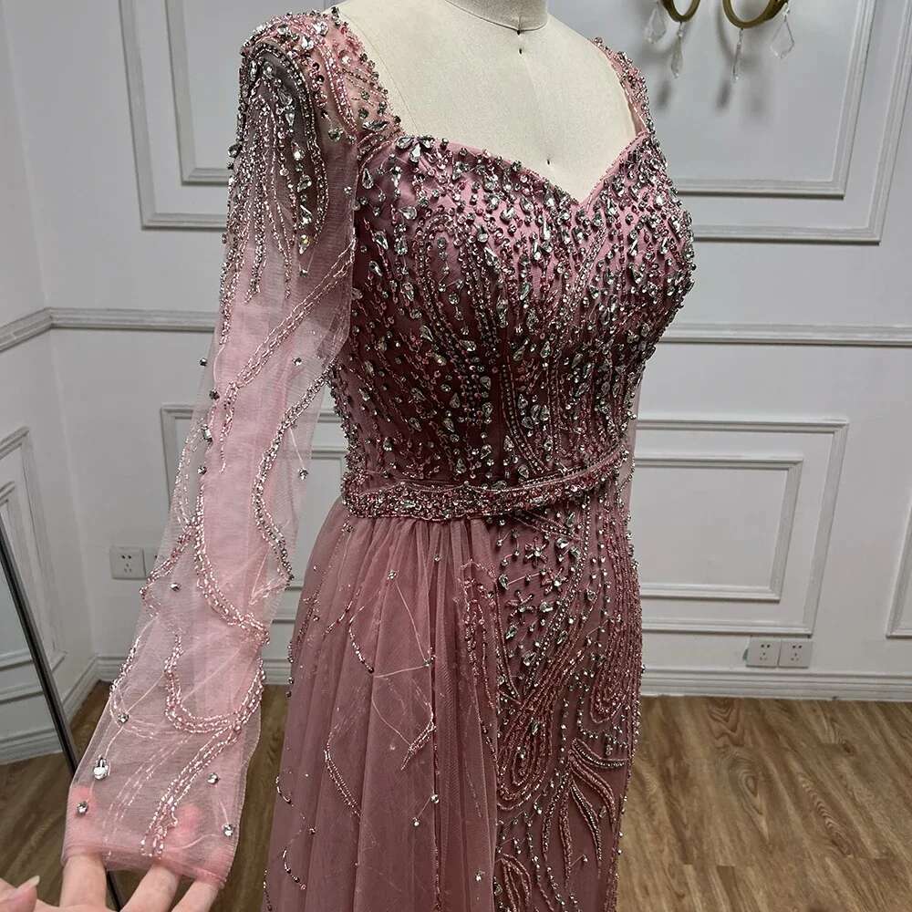 Pink Arabic Elegant Mermaid Overskirt Beaded Long Evening Dresses Gowns Customize Evening Party