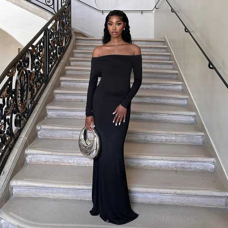 Basic Casual Dresses Lygens Off The Shoulder Bodycon Ruched Bandage Long Slve Midi WomenS Dresses Elegant Evening Casual Ladies Dress For Winter H2521