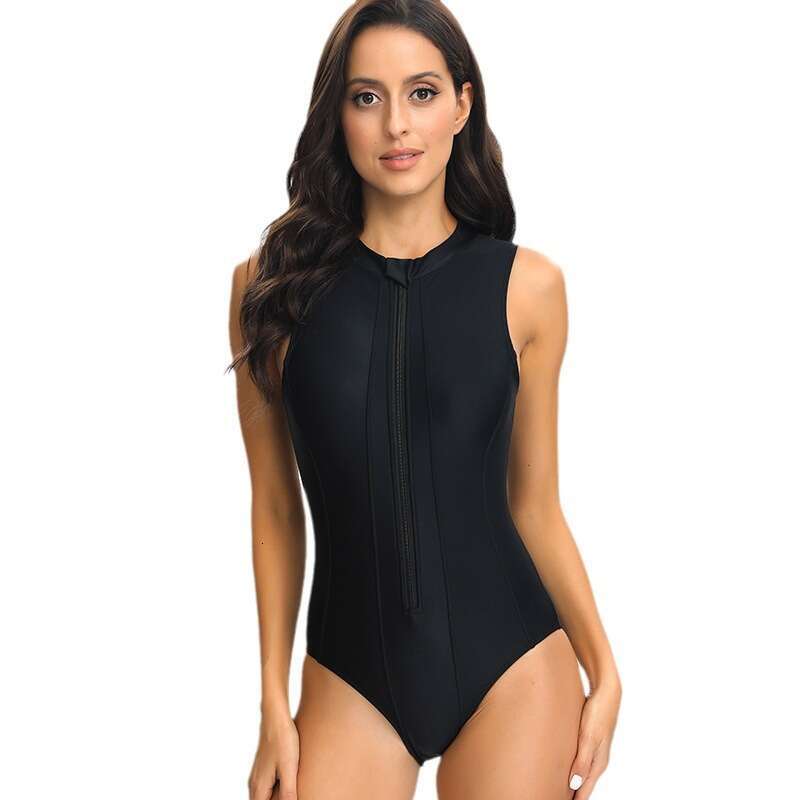 New sleeveless zipper jumpsuit triangle tight solid color compeve surfing suit European American swimsuit women's 2025 new style chic and elegant