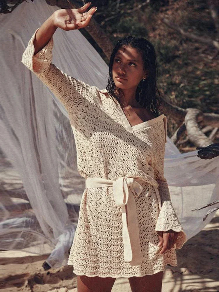 Sexy Vneck Bell sleeve Hollow Knitted Beach Mini Dress 2024 Summer Swimsuit Cover Womens Casual Set K16 250212