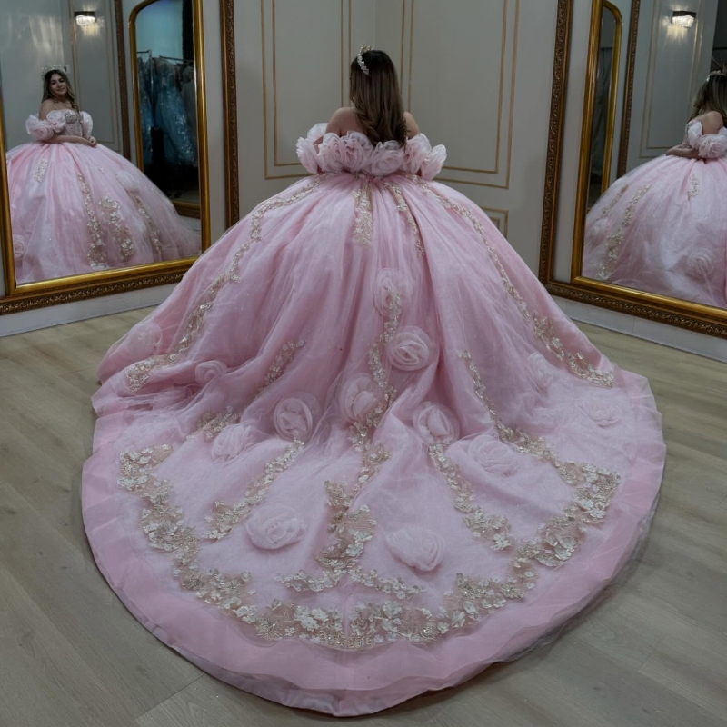 Pink Quinceanera Dresses Ball Gown Off Shoulder Appliques Flower Beading Crystal Tull Sweet 16 Dress Vestidos 15 De Anos