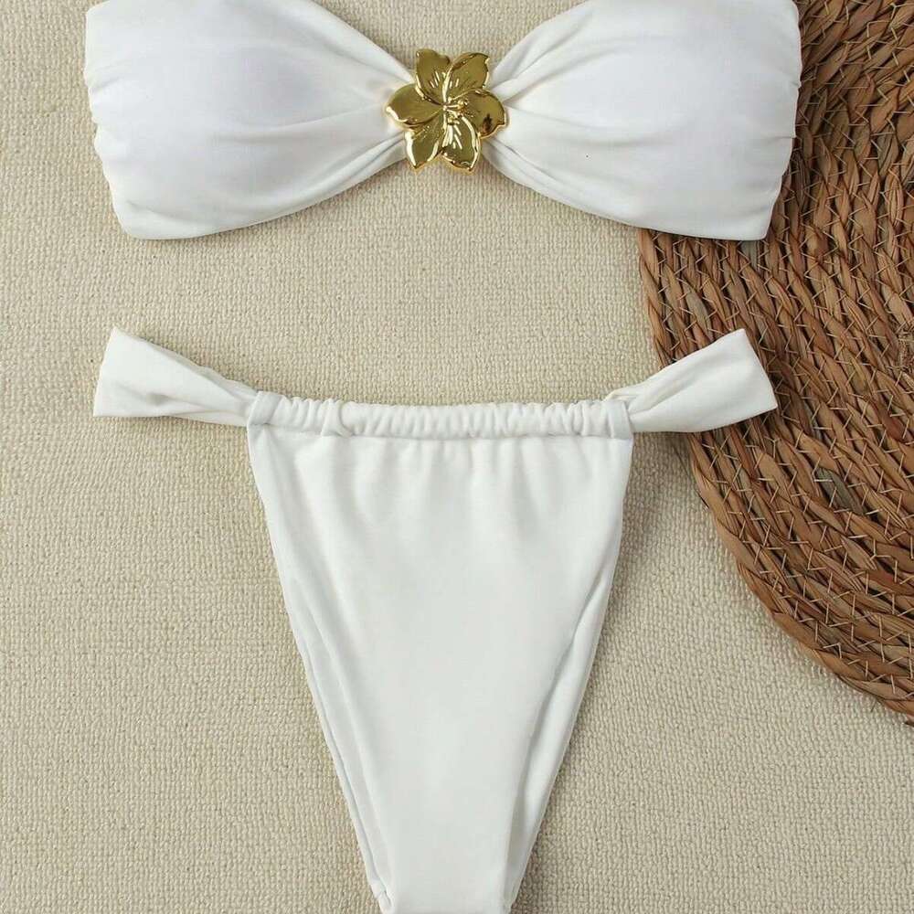 Split Strapless Neck Hanging Metal Accessory Swimsuit Set Bikini Solid Color Pure Desire Sexy Bathing Suits for Women Bathing Suits Designer Gt Cut Ne