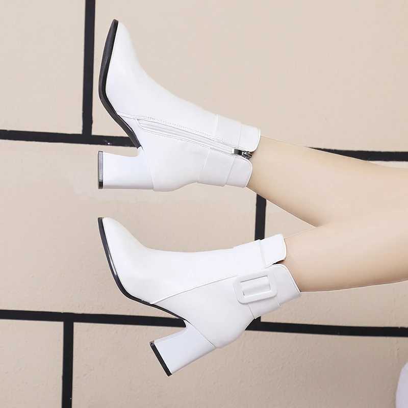 White Black Thick High Heel Ankle Boots Women 2020 Pointed Toe Keep Warm Elegant Short Booties Ladies Ankle Buckle DecoratiXJ250217