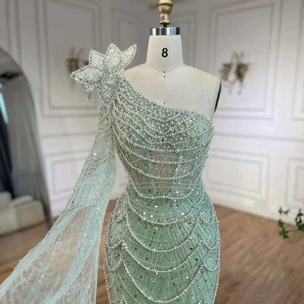 Green Sage Mermaid One Shoulder Pearls Dubai Arabic Evening Dresses Gowns Customize