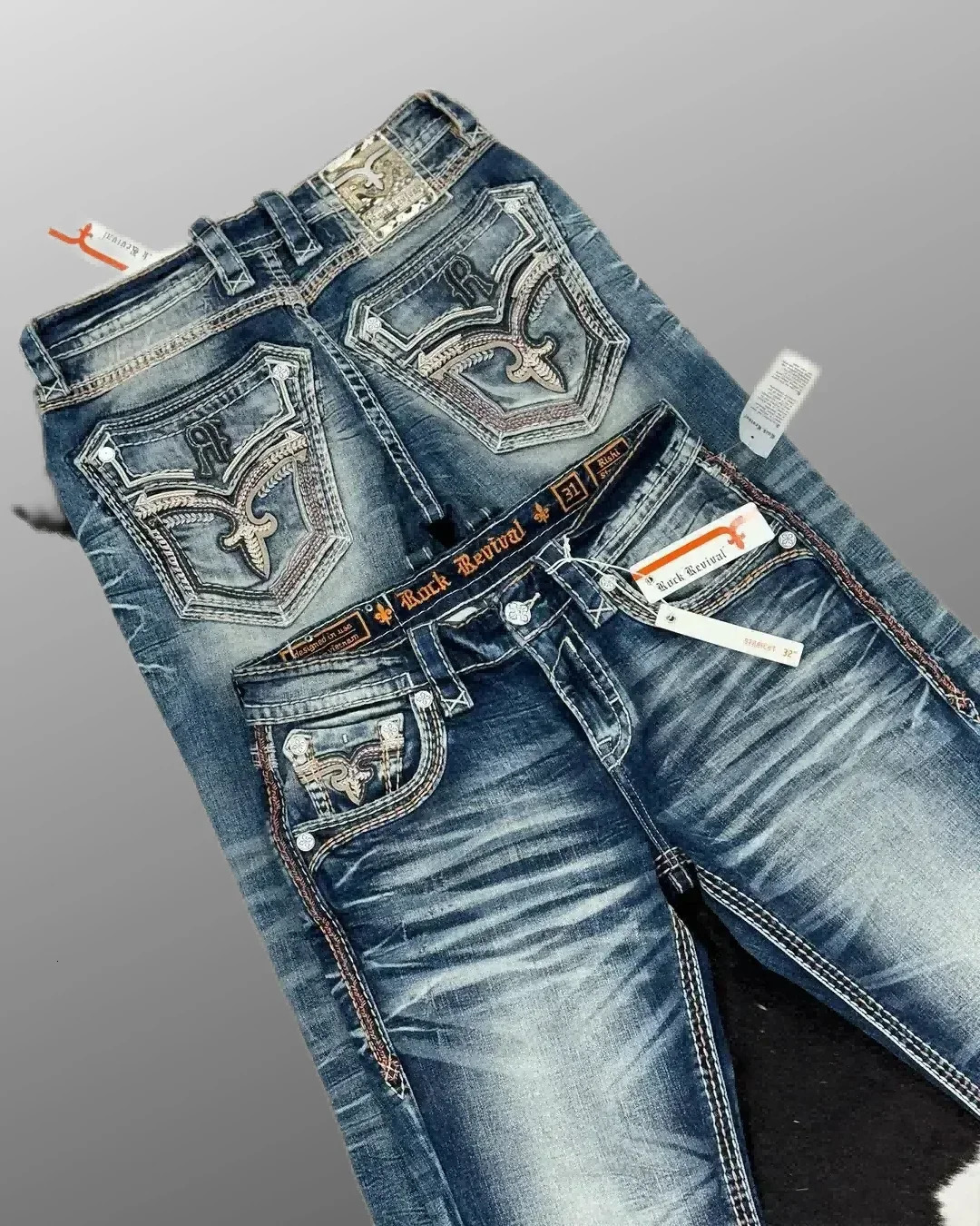 Style Blue Embroidered Cross Pattern Jeans Street Harajuku Casual Hip Hop Men and Women Y2k American Retro Jeans 250217 - view 5