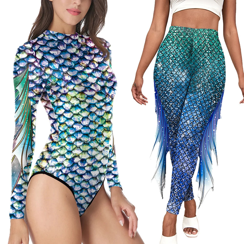 Nadanbao womens mermaid twopiece set Chroma fish scale print roleplaying clothing long sleeved bodysuit with stretch yoga pants 250217