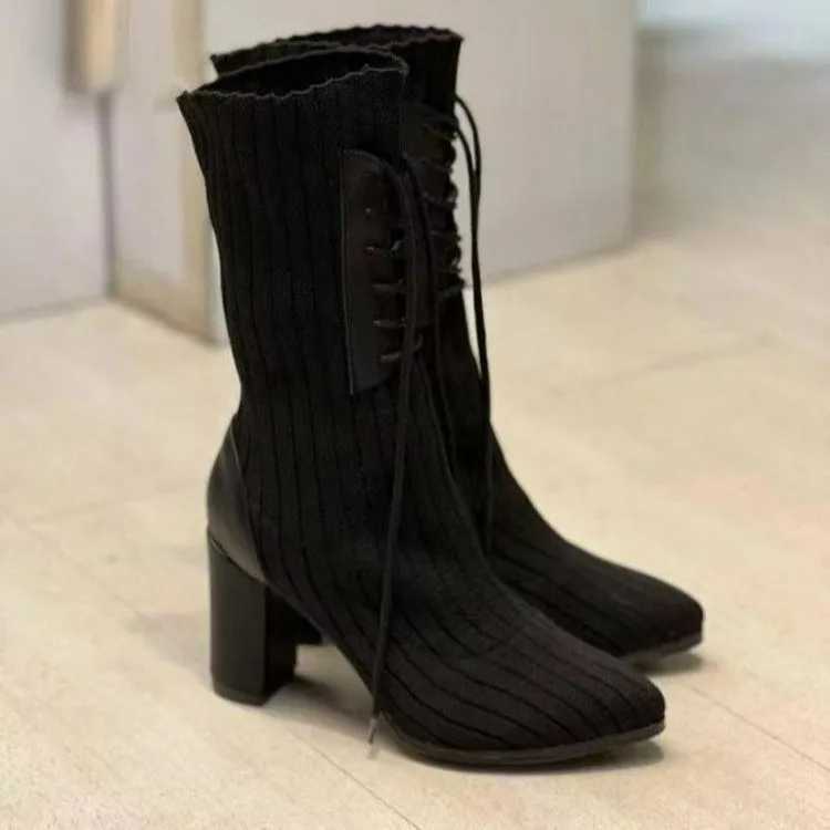 Pointed Chunky Heel Boots Black Surname High Lace-up Knit Sock Boots Plus Size 43 N-slip Banquet Boots Thigh High BlackXJ250217
