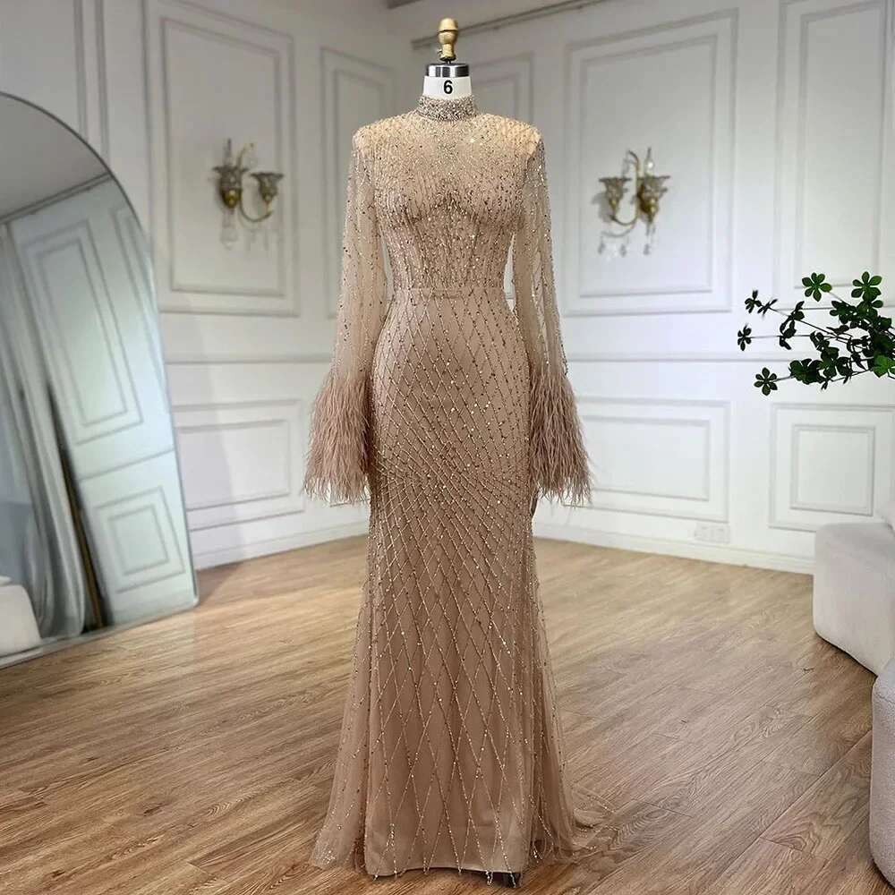Evening Party Dubai Gown Nude Illusion Lace Beaded Feathers Mermaid Long Evening Dress Customize