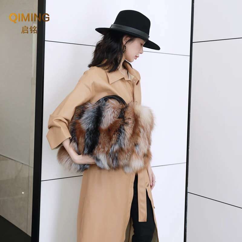 Real Fox Fur Woman Big Ladies Crossbody Bags Designer Handbags Women Handbag Shoulder Fluffy Tote Bag Fuzzy