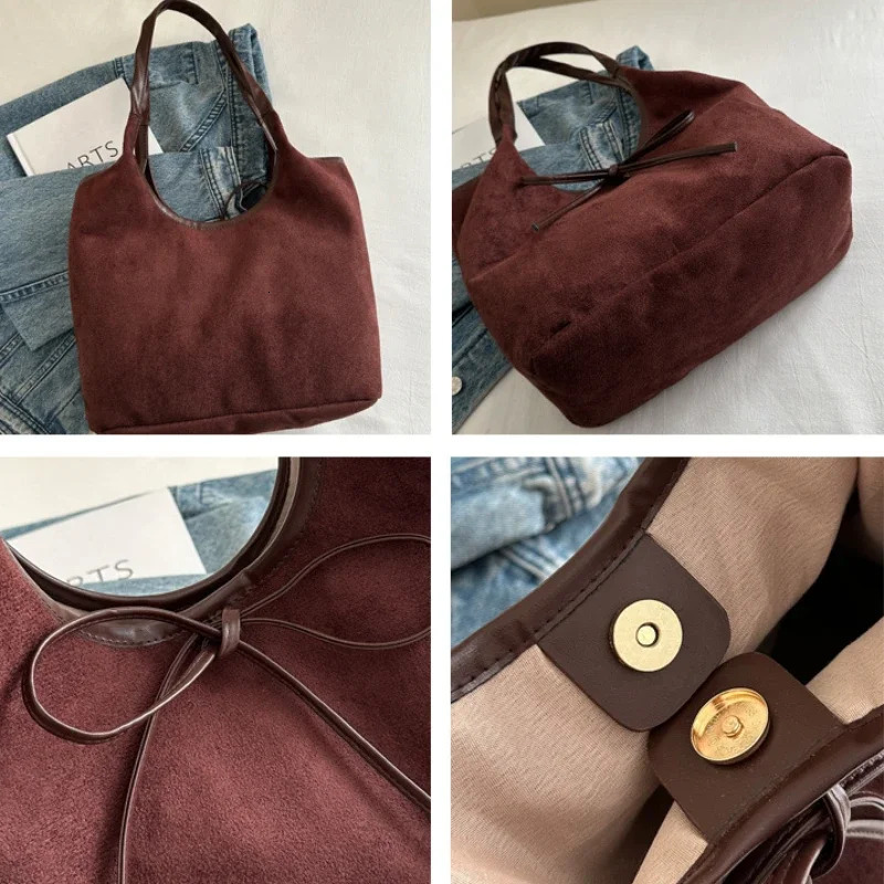 Fashion Bow n Shoulder Bags for Women Vintage Faux Suede Ladies Underarm Tote Bag Female Large Capacity Handbags 250206