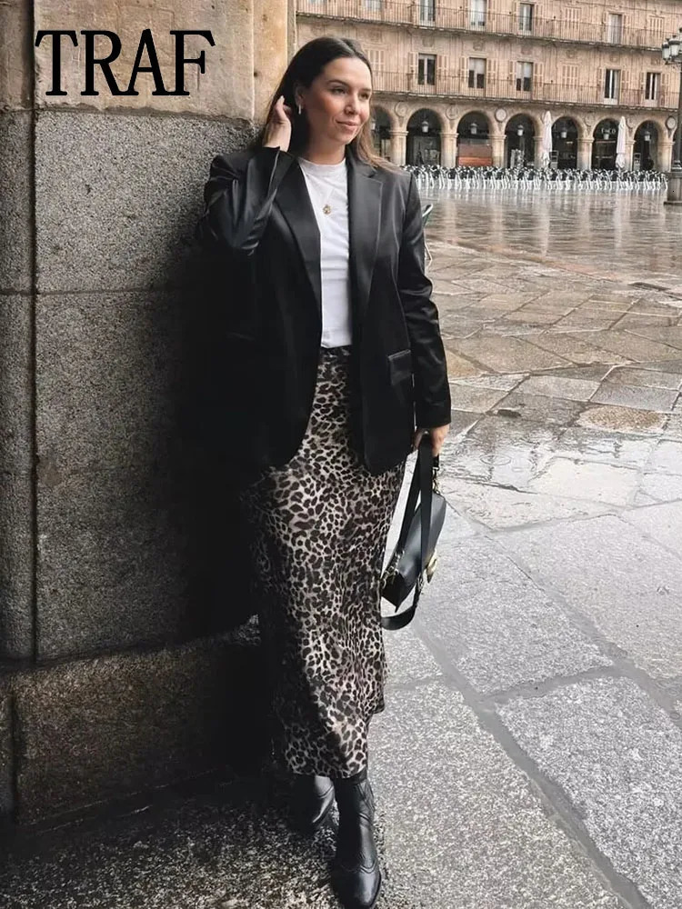 TRAF Women Vintage Chic Leopard Skirt Fashion Spring Summer Holiday Zipper Long Straight 250213