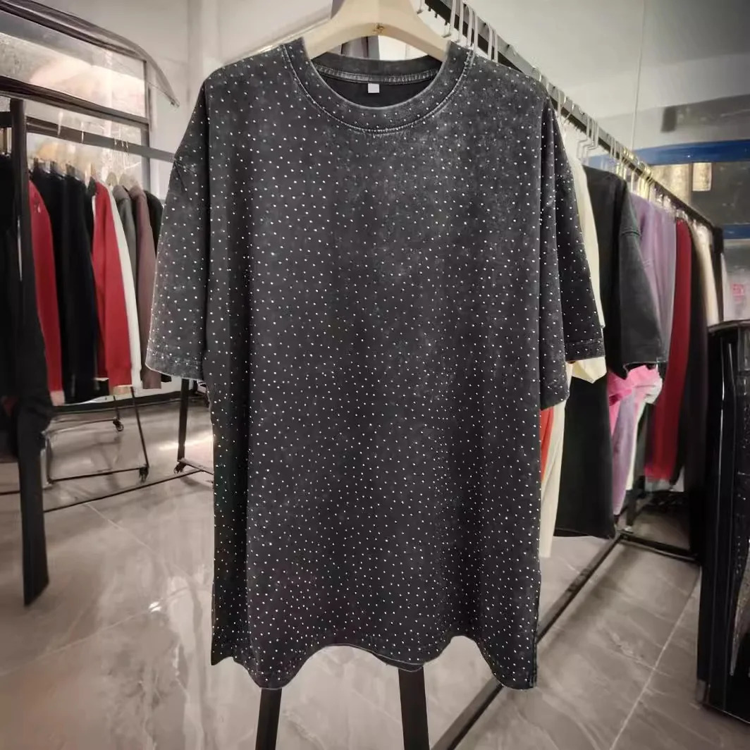 American Retro Pure Cotton Vintage T-shirt with Diamond Earth Color Street Style Diamond Flash Retro T-shirt for Men and Women 250217