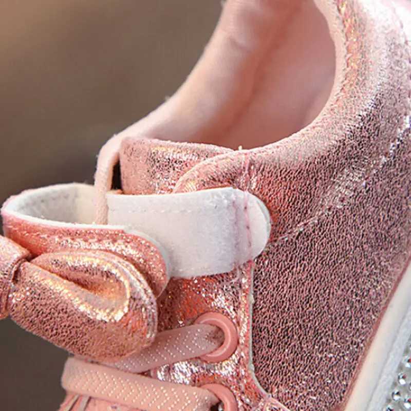 Free Girls Child Soft Sole Sports Shoe Kids Sequins Casual Sneakers Cute Bowknot Shinny Shoes Z250217