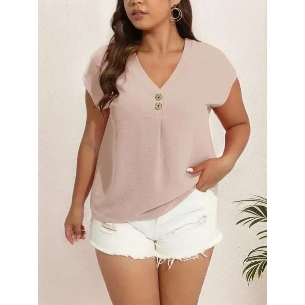 Women's 1Xl-8Xl Plus Size Casual Solid Color V-Neck T-Shirt With Buttons Short Sleeved Top Bat Sleeve Loose Shirt
