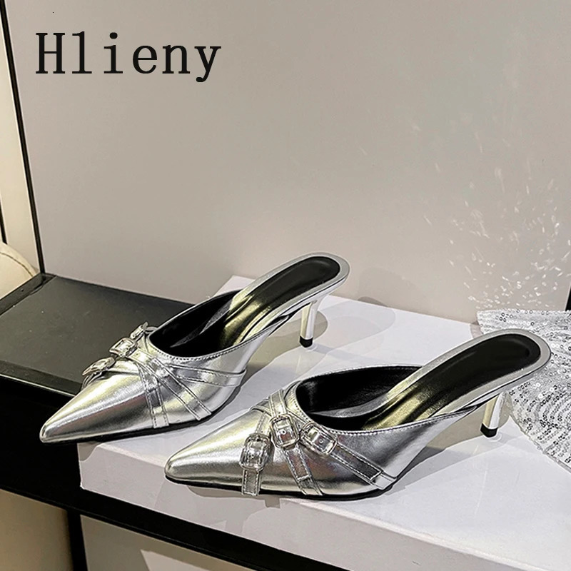 Hlieny 2025 Gold Silver Pointed Toe Ladies Shoes er Low Heels Mules Slippers Fashion Buckle Strap Pumps Women Slides 250217