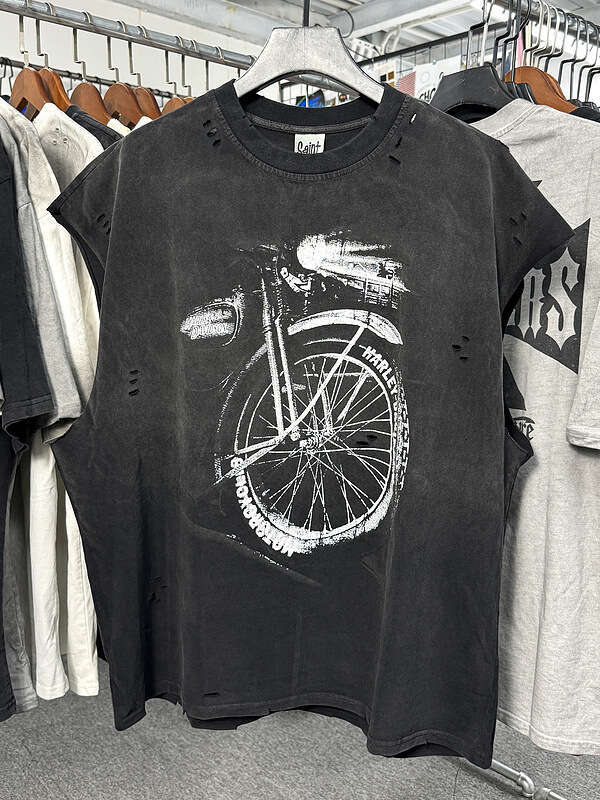 New American style hand water tank top, worn out, washed with white ink, direct spray printed short sleeved T-shirt