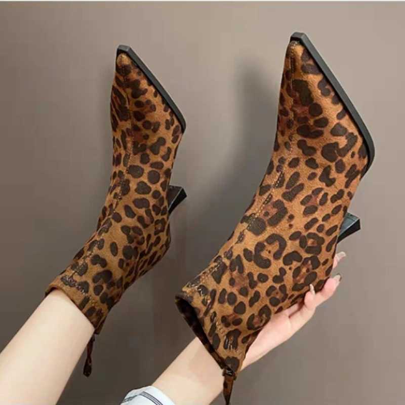 2024NEW Ankle Boots Leopard Women Pointed Toe Ladies Chunky High heel Female Shoes Footwear Plus SizeXJ250217