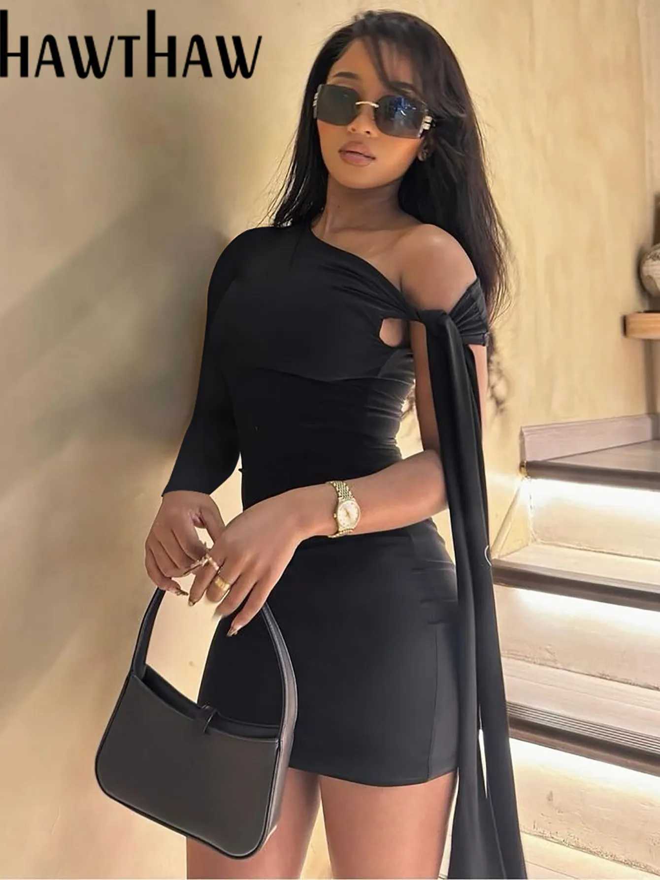 Basic Casual Dresses Hawthaw Women Sexy 2024 Spring Autumn Long Slve Party Club Bodycon Basic Black Mini Dress Wholesale Items For Business H25217