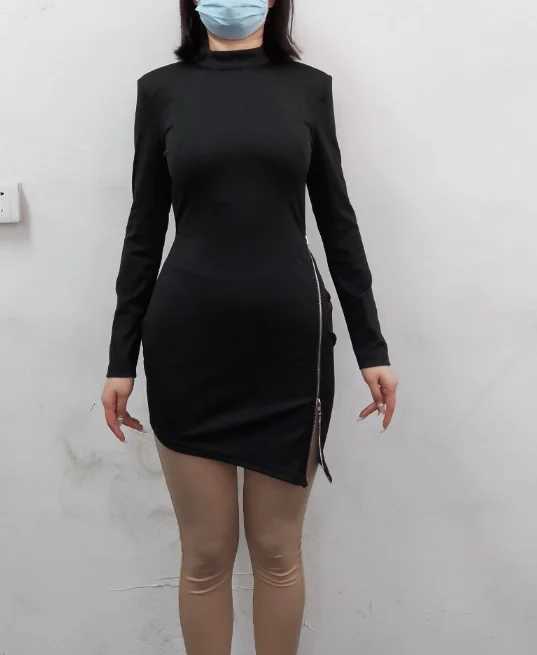 Basic Casual Dresses Womens Bodycon Dress 2024 Summer Long Sleve Side Zipper Design Tight Dress Sexy Earth Color Black Thin Packaging Womens Dress H25
