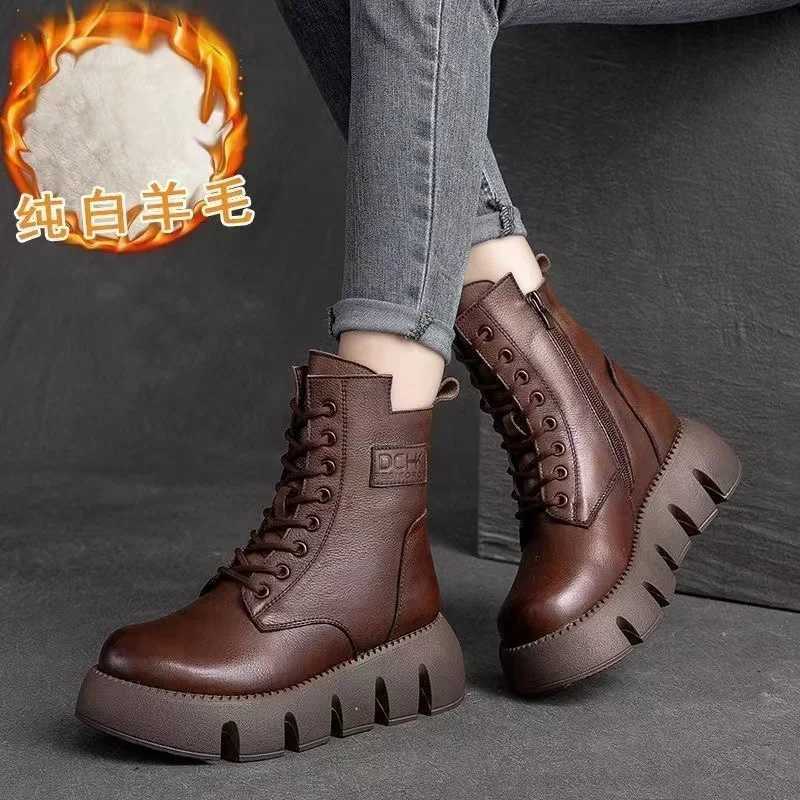 Short Plush 2024 Winter Female Ankle Boots Genuine Leather Cott Boots Thick-soled Padded Women Shoes Warm Snow Boots FemaleXJ250217