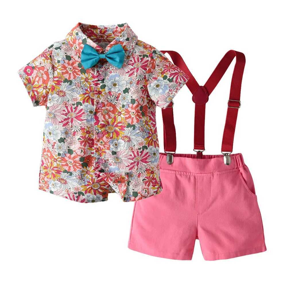 Boys Summer Suit Printed Flower Short-sleeved Shirt and Strap Shorts with Bow Tie Pure Cotton 2-8 Years-old Boy 70-130cm W250218