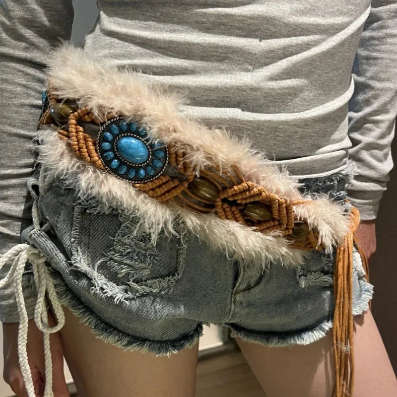 Bohemian Weave Fur Belts Vintage Cowgirl Belt Y2K Metal Plush Waxed Rope Waist Furry Fur Waistband Punk Night Club Beach 250214