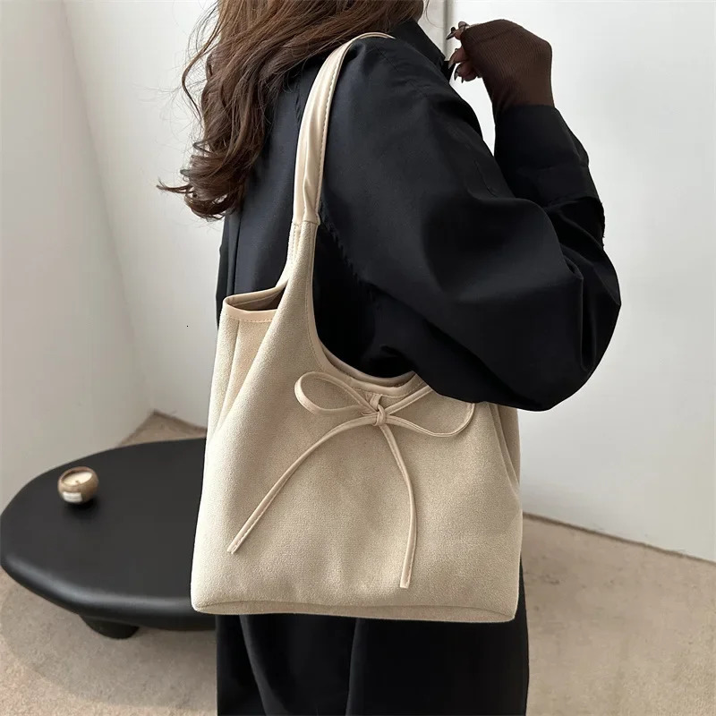 Fashion Bow n Shoulder Bags for Women Vintage Faux Suede Ladies Underarm Tote Bag Female Large Capacity Handbags 250206