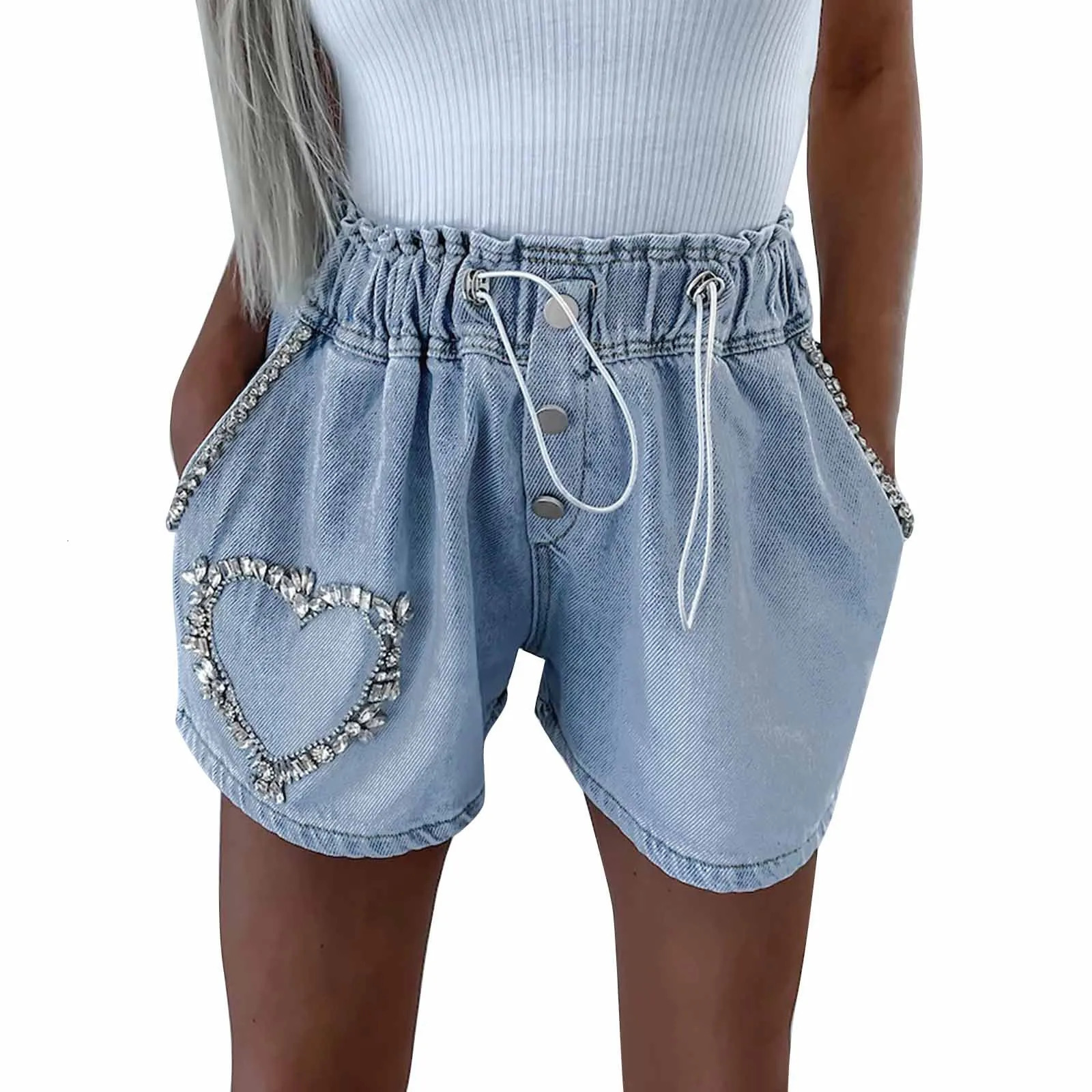 Light Blue Heart Rhinestone n Wide Leg Shorts Women Jeans Single Breasted Elastic High Waist Straight Shorts Denim Shorts 250217