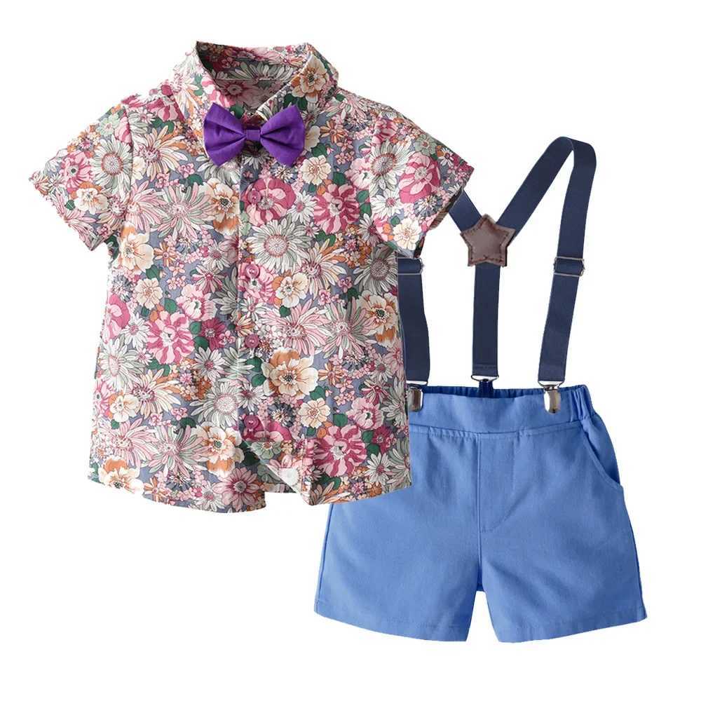 Boys Summer Suit Printed Flower Short-sleeved Shirt and Strap Shorts with Bow Tie Pure Cotton 2-8 Years-old Boy 70-130cm W250218