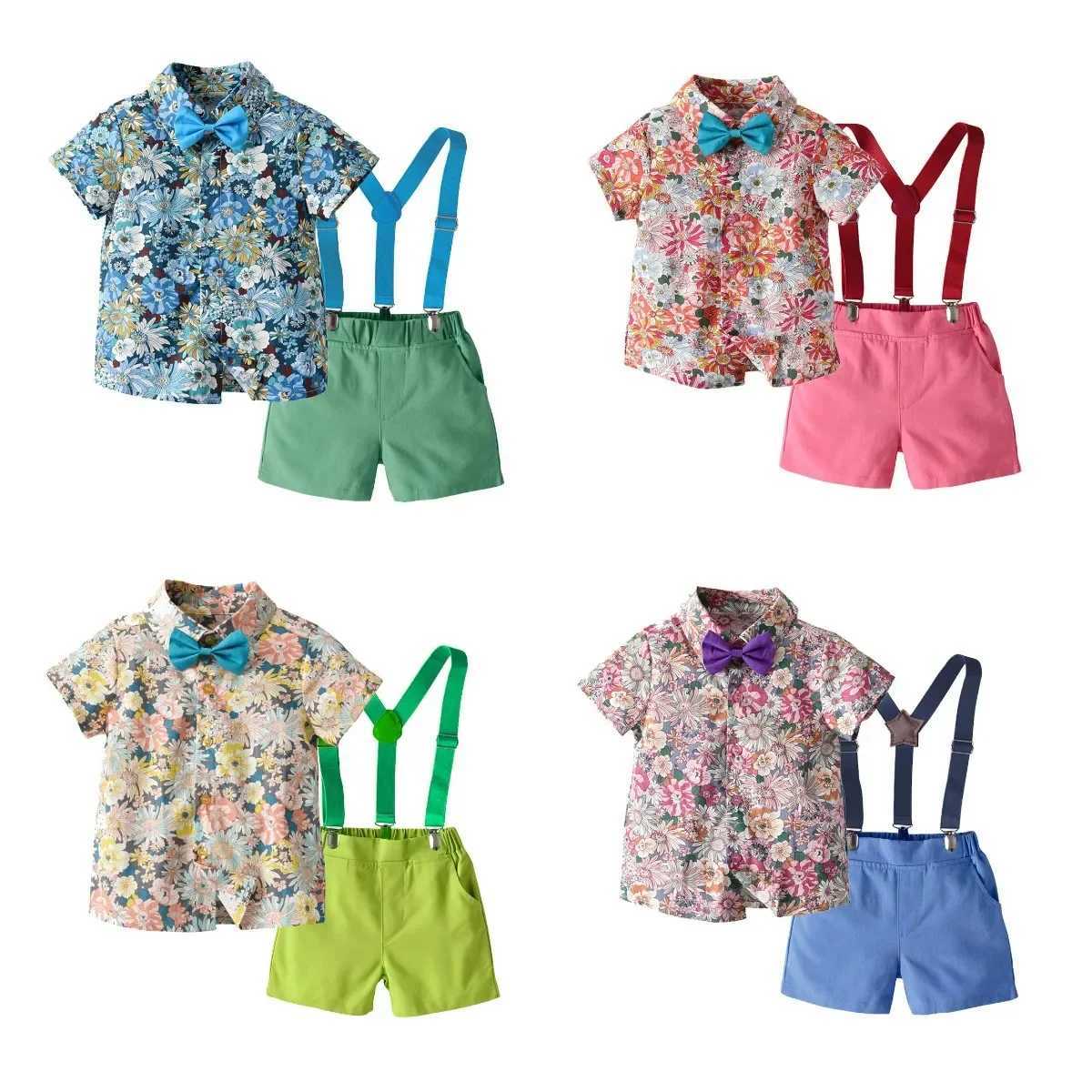 Boys Summer Suit Printed Flower Short-sleeved Shirt and Strap Shorts with Bow Tie Pure Cotton 2-8 Years-old Boy 70-130cm W250218