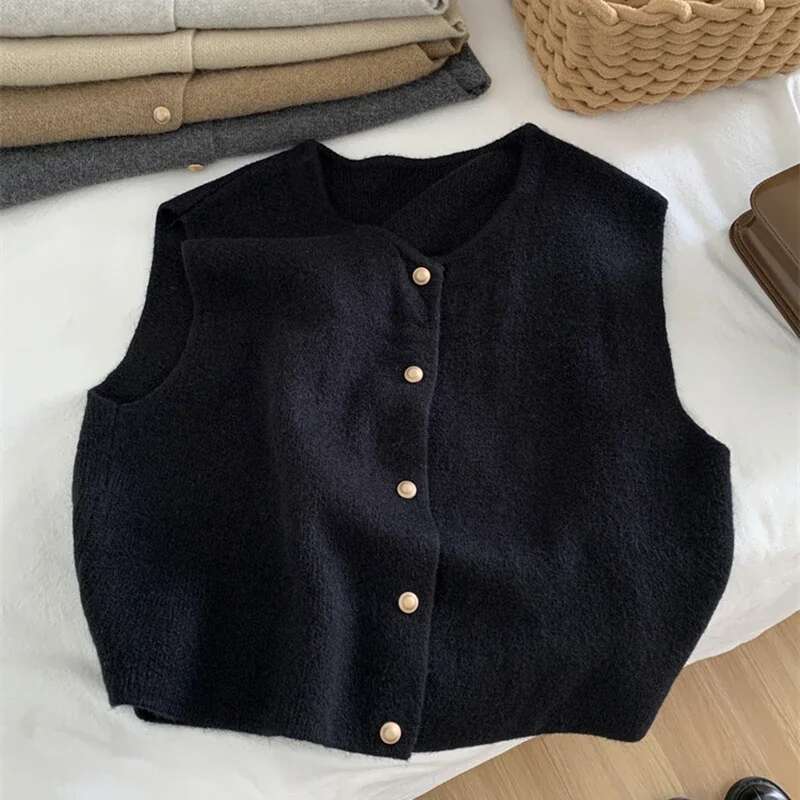 Women Sweater Vest Gold Button Up Waistcoat Soft Knitted Sleeveless Cardigan Jacket Top Fall Winter Korean Ladies Chic Outfit