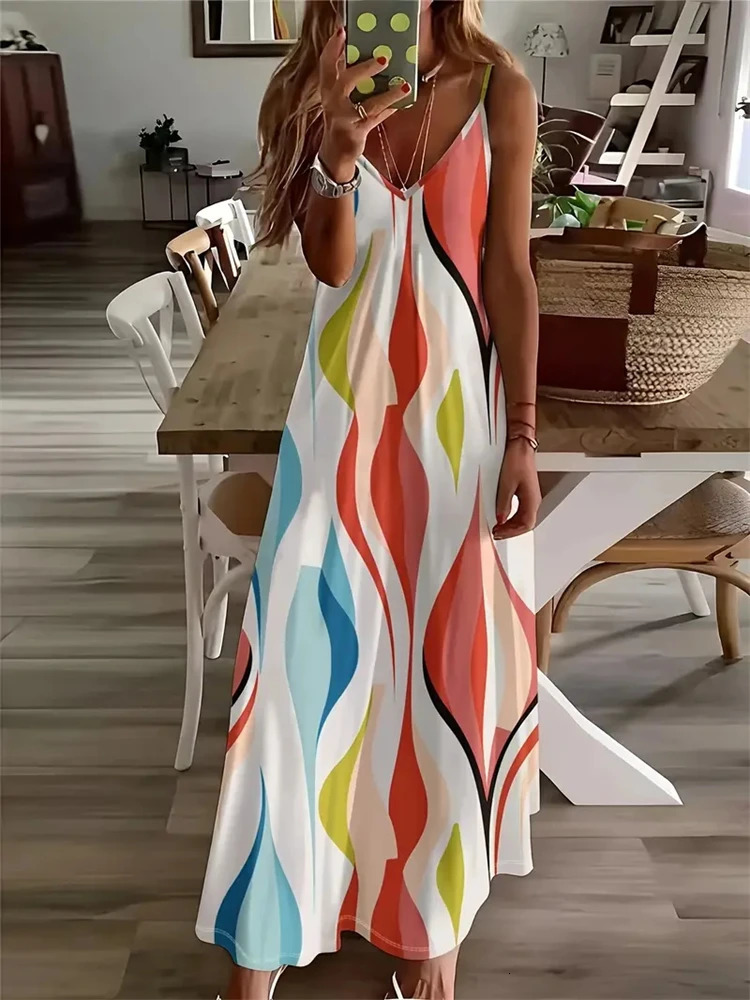 Womens Stylish Elegant Dress Vintage Dreamcatcher Print Sleeveless Vest Dress Summer V-Neck Ladies Loose Halter Dress 250213