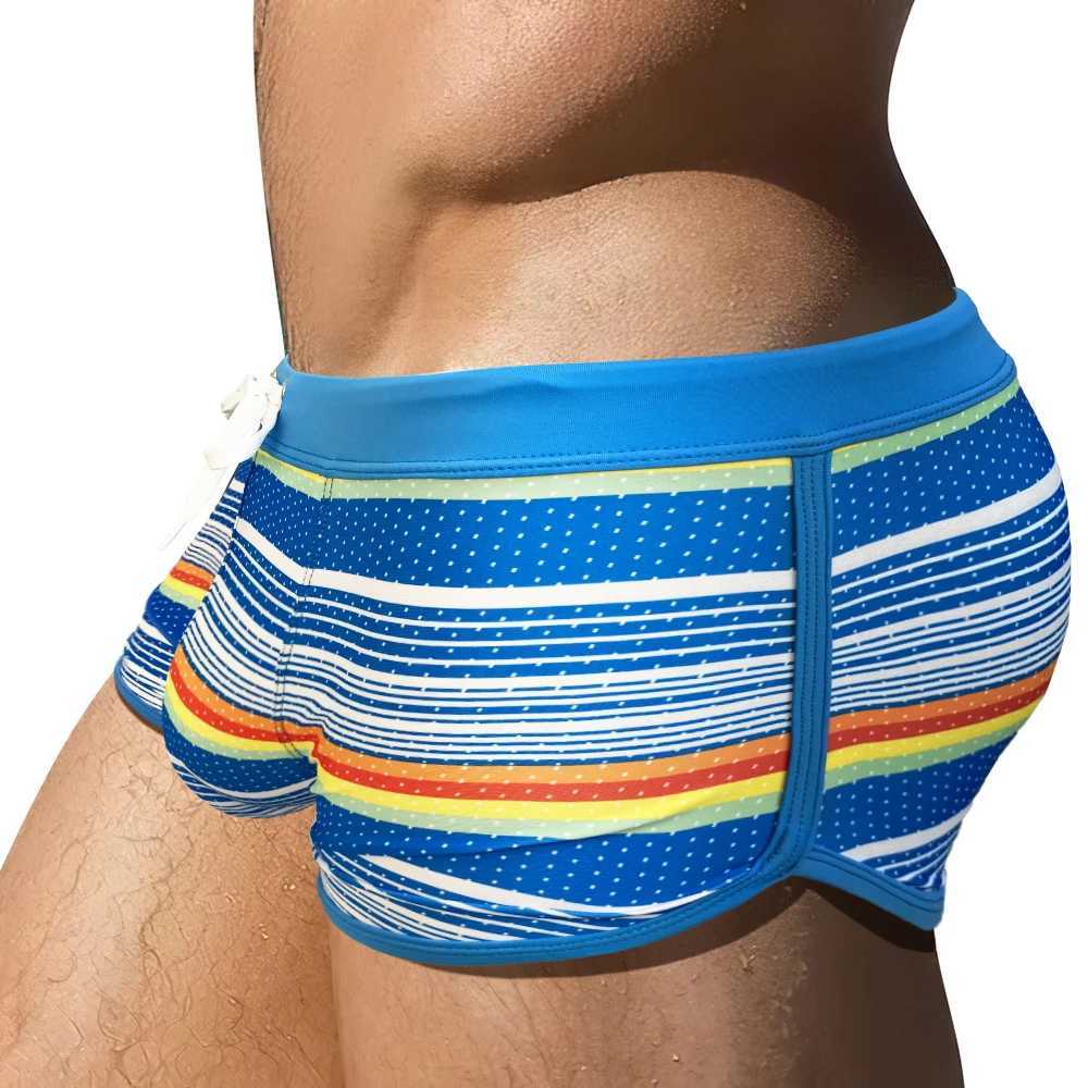 Sexy side split rainbow swimsuit mens quick drying terrace U-bag swimsuit summer fashionable mens beach surfing swimsuit M250218
