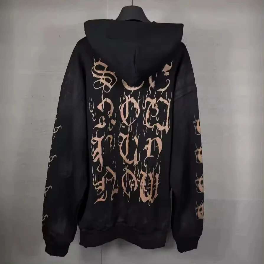 P Authentic Version Vintage Letter Hooded Sweatshirt Casual Style Loose Fit High Street Trend