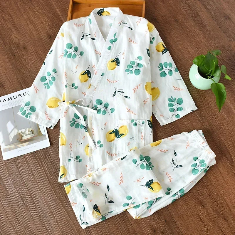 seven-sleeve Japanese-style kimono pajamas set female spring and autumn 100% cotton gauze home clothes cute sweet two-p 250214