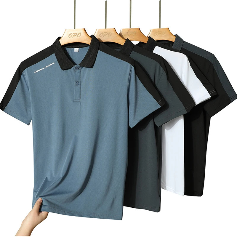 Mens Polo collar top with summer ice silk breathable quick drying short sleeved Tshirt patchwork contrasting color polo shirt 250219