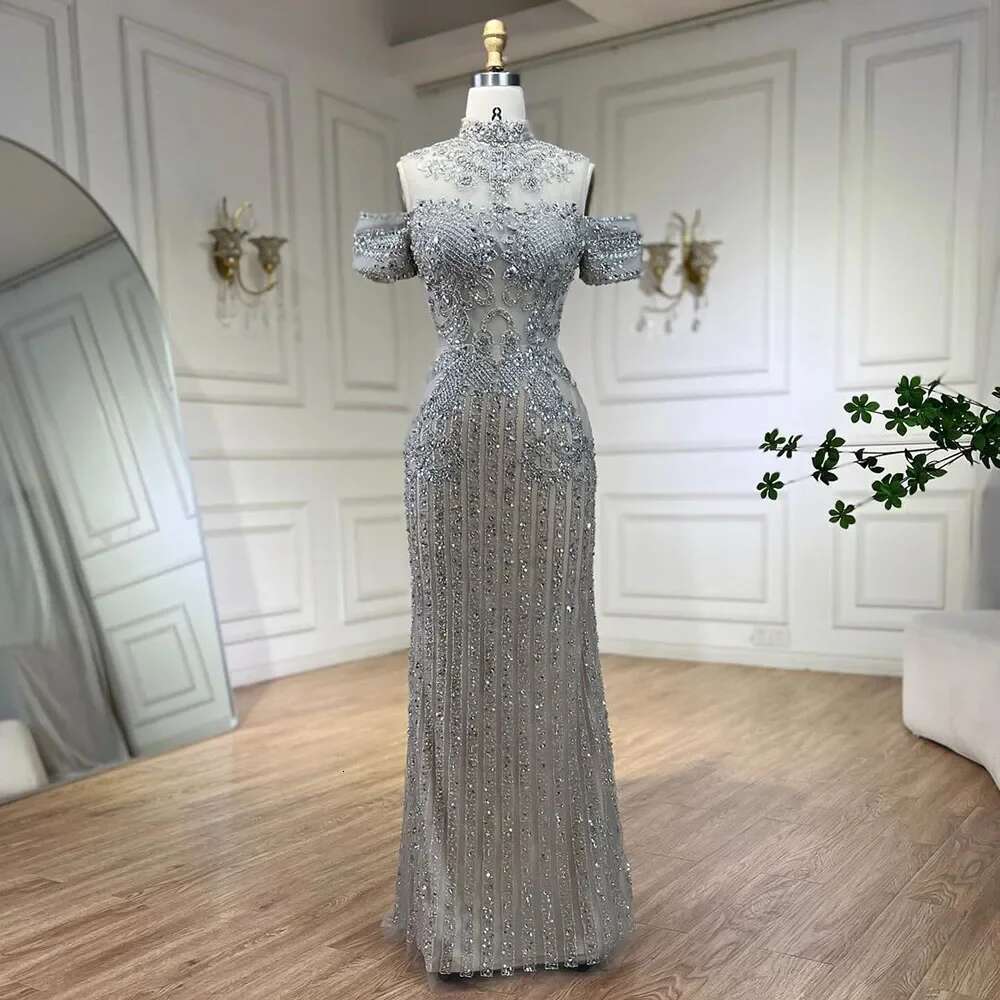 Sier Arabic Nude Mermaid Beaded Crystal Dubai Evening Dresses Gowns Customize Evening Party