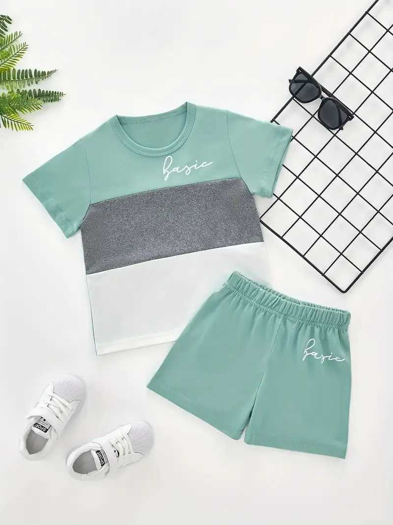 Summer childrens boys clothes color matching T-shirts and shorts 2-piece set baby girls short-sleeved tops and bottoms W250218